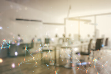 Double exposure of abstract virtual technology hologram on modern corporate office background. Research and development software concept