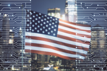 Double exposure of abstract virtual circuit hologram on USA flag and blurry cityscape background. Research and development hardware concept