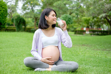 Fototapeta premium Pregnant mother sitting and drinking milk for good health at park