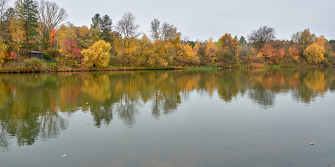 Autumn forest on the banks of the calm river.
