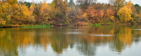 View of the autumn trees on the banks of the calm river.