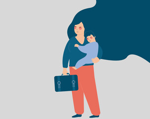 Business woman holding her baby on one hand and briefcase in the other hand. Working mom has one child. Concept of opportunity on the work during motherhood, work-time balance. Vector illustration