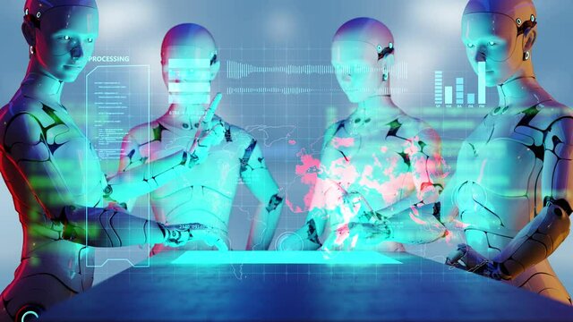 Computer aided manufacturing, future factory engineering and industrial technology, 3D robot teamwork working in factory futuristic computer coding and background.