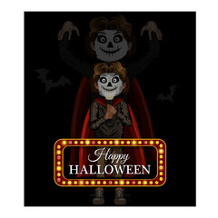 Cartoon halloween. Character design. Black  background. Vector illustration element. Poster, banner, template.Guy in a halloween costume. Face painted to look like a skeleton. Invitation. Party. Happy