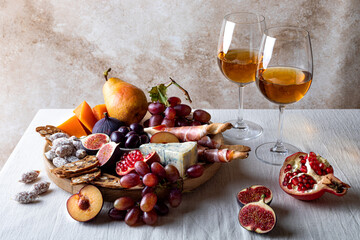 Appetizers table with italian antipasti snacks or authentic traditional spanish tapas set. Fall...