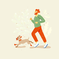 A man with a beard jogging with a dog. Pet owner. Colorful vector illustration in flat cartoon style.