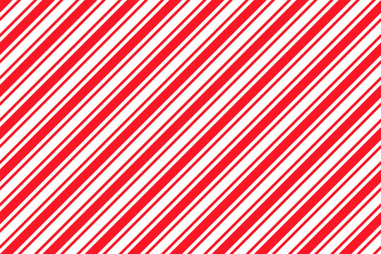 Candy cane striped pattern. Seamless Christmas red background. Peppermint wrapping texture. Cute caramel package print. Xmas holiday diagonal lines. Abstract geometric backdrop. Vector illustration.