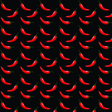 Red hot chilli peppers on black background,seamless vector pattern.Hot spicy red chili pepper pattern. Organic spices for mexican or asian dishes. Chilli paper red spicy hot taste and flavor symbol. 