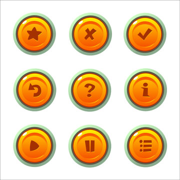 Orange Game Button Templates. Pack of game button templates design. Set of fancy bright vector colorful buttons on the white background.