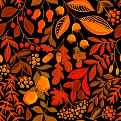 Black seamless vector background with bright autumn berries and nuts