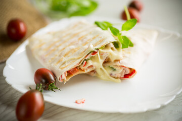 baked pita roll with filling in a plate on the table