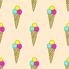 Bright seamless illustration with ice cream in a waffle glass. Summer dessert. Vector drawing.