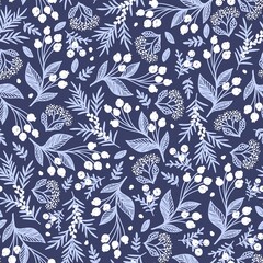 Blue seamless vector background with white berries