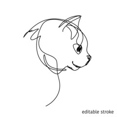 Cat Face in Continuous Line Art Style with Editable Stroke Isolated on White Background. Can be Used For T-Shirts Design. Premium Vector Doodle Feline Profile.