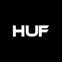 HUF letter logo design with black background in illustrator, vector logo modern alphabet font overlap style. calligraphy designs for logo, Poster, Invitation, etc.