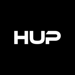 HUP letter logo design with black background in illustrator, vector logo modern alphabet font overlap style. calligraphy designs for logo, Poster, Invitation, etc.