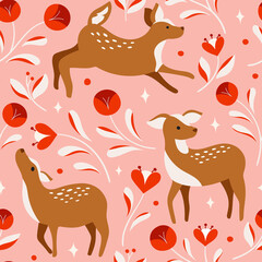 Vector decorative Christmas seamless pattern. Cute illustration with deer, leaves, xmas elements for greeting cards, social media post, print design.