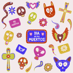 
Cartoon hand-drawn skulls and other symbols of the Mexican Day of the Dead. Dia de los muertos vector set.