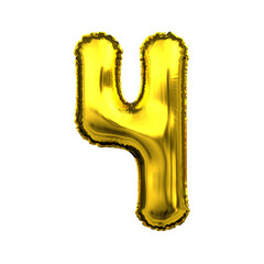 Number 4, Alphabet. Gold foil balloon number isolated on a white background with Clipping Path. 3d illustration.