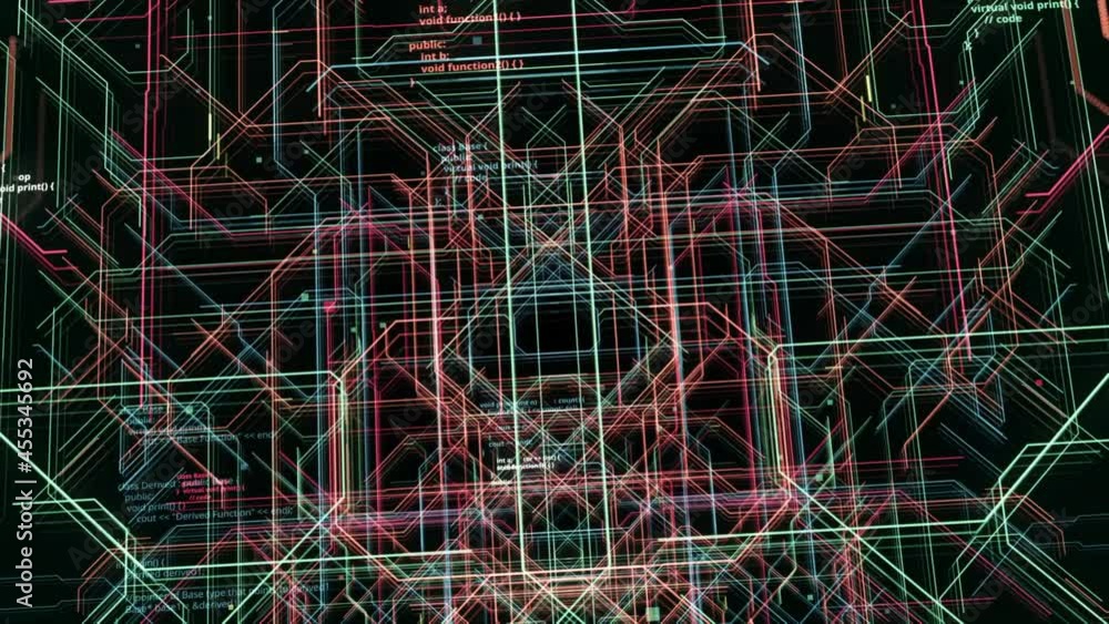 Poster computer electronic circuit with codes. motion. colored lines move schematically with program codes.