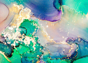 Luxury abstract fluid art painting in alcohol ink technique, mixture of green, purple and gold paints. Imitation of marble stone cut, glowing golden circles. Tender and dreamy design. - 455346880