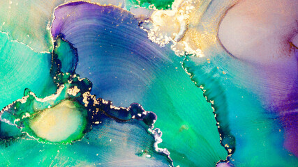 Luxury abstract fluid art painting in alcohol ink technique, mixture of green, purple and gold paints. Imitation of marble stone cut, glowing golden circles. Tender and dreamy design. - 455346886