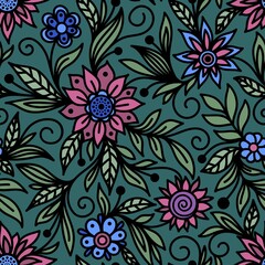 Fototapeta na wymiar Emerald seamless vector background with pink and blue flowers