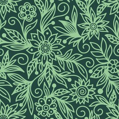 Green seamless vector background with a light green outline of flowers