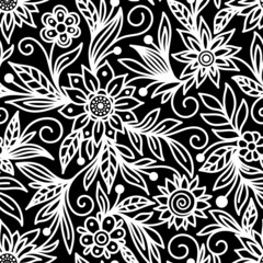 Fototapeta premium Black seamless vector background with a white outline of flowers