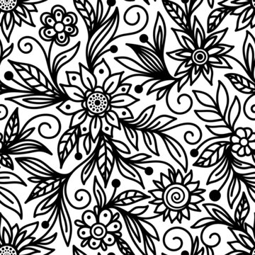 White seamless vector background with black outline of flowers