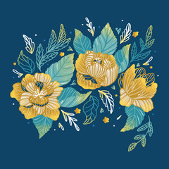 Golden flowers on blue background 