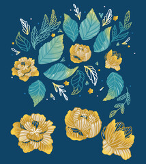 Golden flowers isolated on blue background 