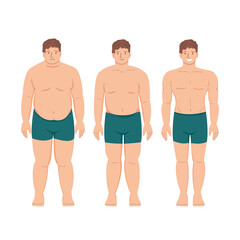 weight loss. fat patient obese man and young healthy thin person. athletics and muscles. sports and fitness. flat cartoon vector illustration on a white background.
