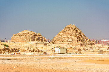 Egypt, ancient buildings in the sands of the Giza valley,