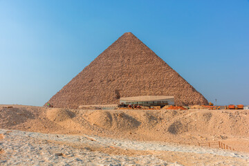 View of the pyramids in the Giza valley on a bright sunny day