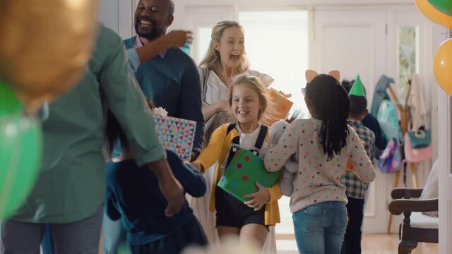 childrens birthday party celebration friends arriving with presents gathering for special event happy kids playing celebrating enjoying friendship 4k