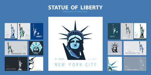 Statue of Liberty design template set. Banner, geometric blue and white flat design. Welcome to New York. Booklet, album poster. Name Independence Day. X-banner.Information banner, vector illustration © VASYL