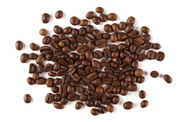Coffee beans isolated on white background, top view