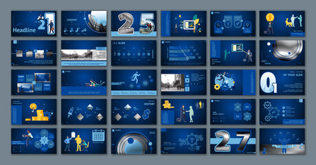 Business presentation, powerpoint, new technologies. Information infographic design template, blue elements, blue background, set. Team of people creates a technology, teamwork. Work. Mobile app - obrazy, fototapety, plakaty