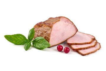 Sliced smoked pork loin, isolated on white background.