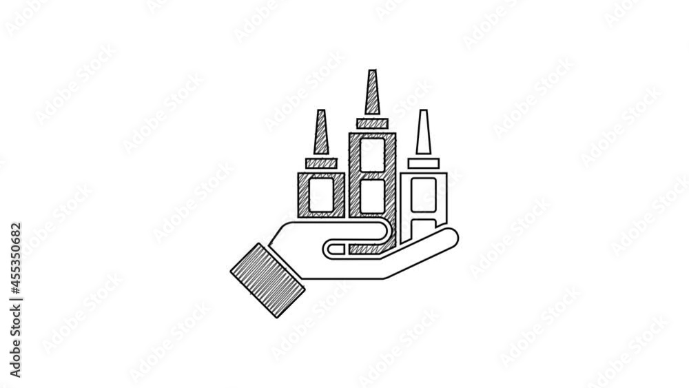 Sticker Black line Skyscraper icon isolated on white background. Metropolis architecture panoramic landscape. 4K Video motion graphic animation