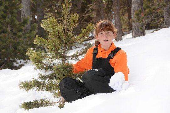 Niña jugando en la nieve agarrada a un pino en la montaña con una bola de nieve en la mano