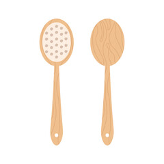 Natural wooden massage brush. Front and back side. Anti-cellulite dry brush massage concept. Vector illustration in cartoon style. Isolated on white background.