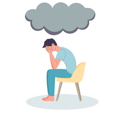 Fototapeta premium Depressed man. Depression and headache, migraine. Sits on a chair. Thunder cloud. Pain, crying and mental distress. Flat cartoon illustration on a white background.