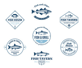 Vector fish restaurant logo, design elements, icons and fish illustrations