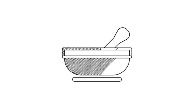 Black line Mortar and pestle icon isolated on white background. 4K Video motion graphic animation