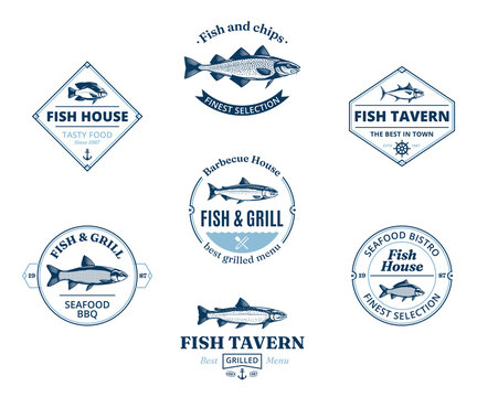 Vector fish restaurant logo, design elements, icons and fish illustrations