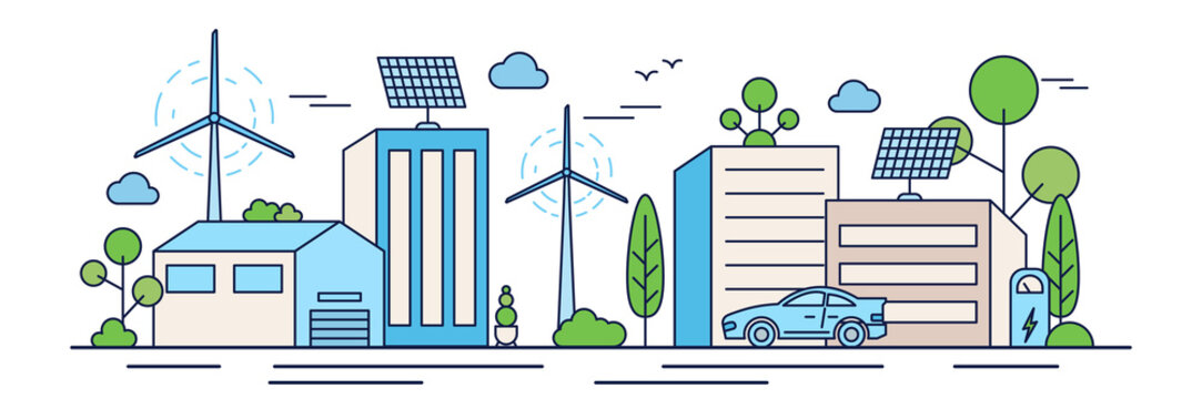 Urban Eco Friendly Landscape. City With Solar Panel, Electric Car And Windmills. Alternative Methods Of Obtaining Energy And Taking Care Of Nature. Cartoon Flat Vector Illustration On White Background