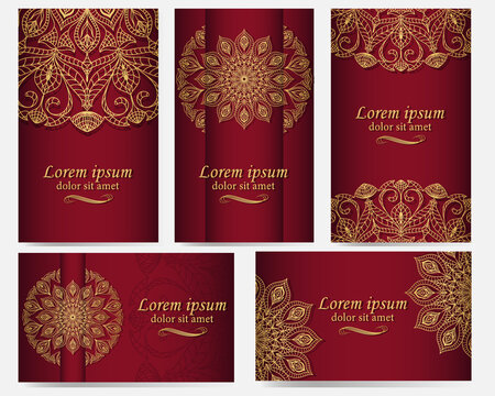 Set of five luxurious cherry-colored patterns with gold mandala. Ethnic ornament on a red background.  Beautiful pattern in the design of cards, business cards, covers, packaging. 