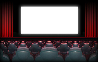 Pantalla blanca para escribir texto. Cine, pantalla, asientos. Cortinas rojas.